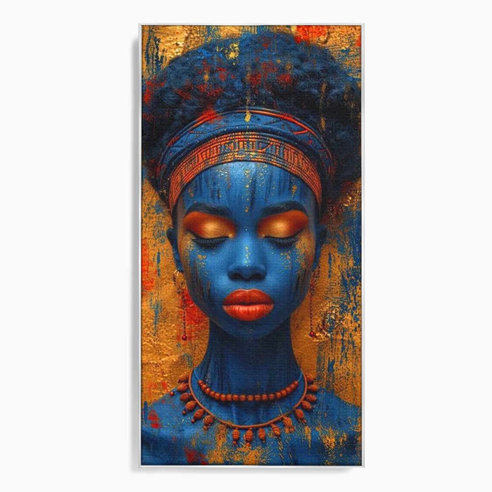 Tablou canvas cu portret de femeie cu piele albastra, in rama de aluminiu argintiu